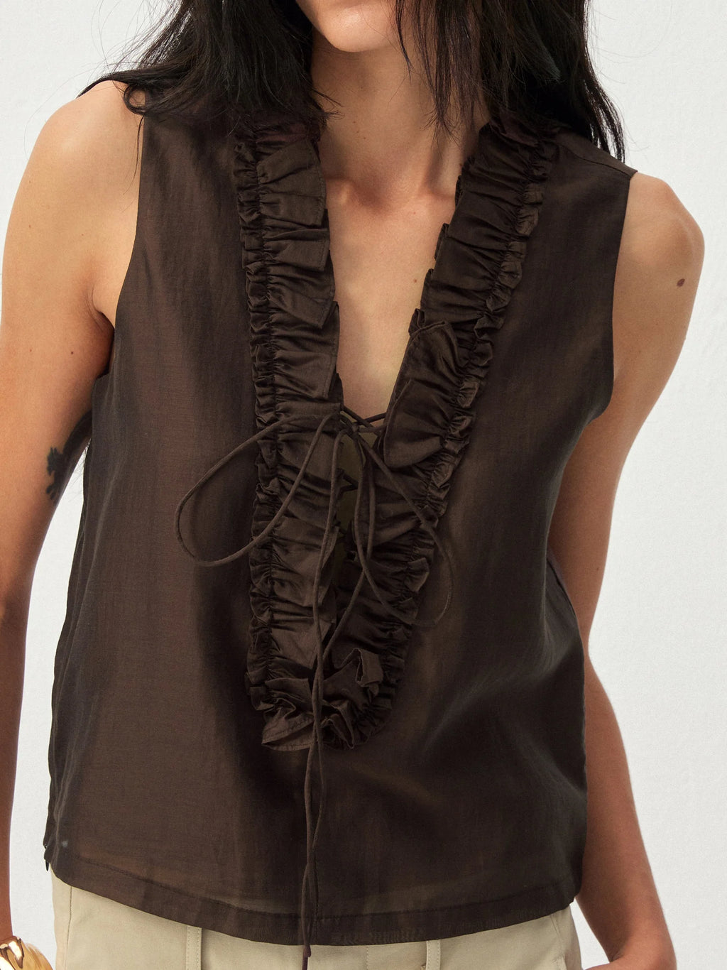 Ruffled V-Neck Sleeveless Blouse