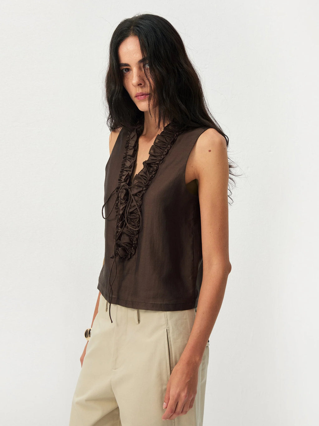 Ruffled V-Neck Sleeveless Blouse