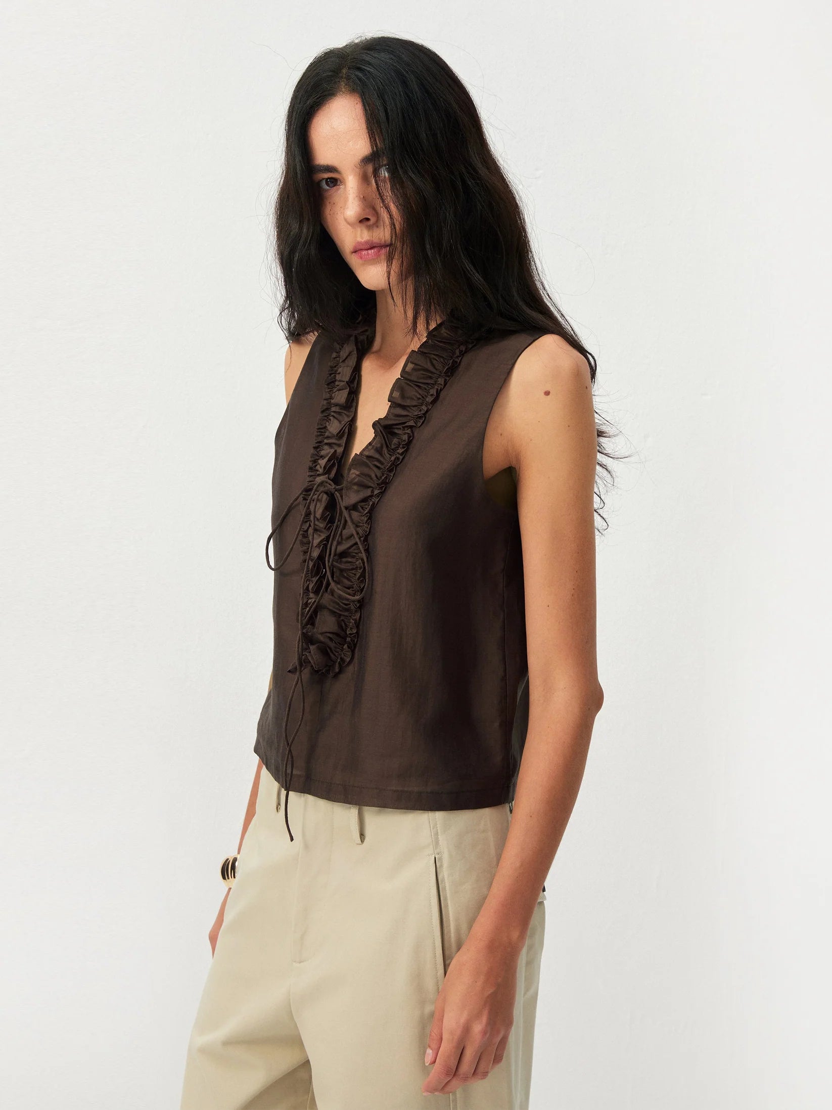 Ruffled V-Neck Sleeveless Blouse