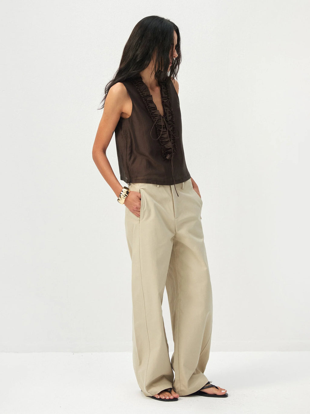 Ruffled V-Neck Sleeveless Blouse