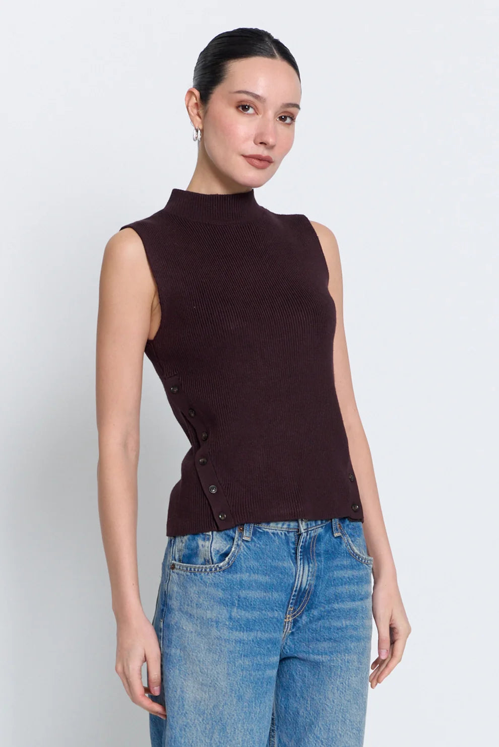 Birch Sleeveless Turtleneck With Button Detail